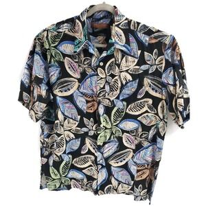 Tori Richard Shirt Mens Large Black Hawaiian Leaf Print Short Sleeve‎ Made USA